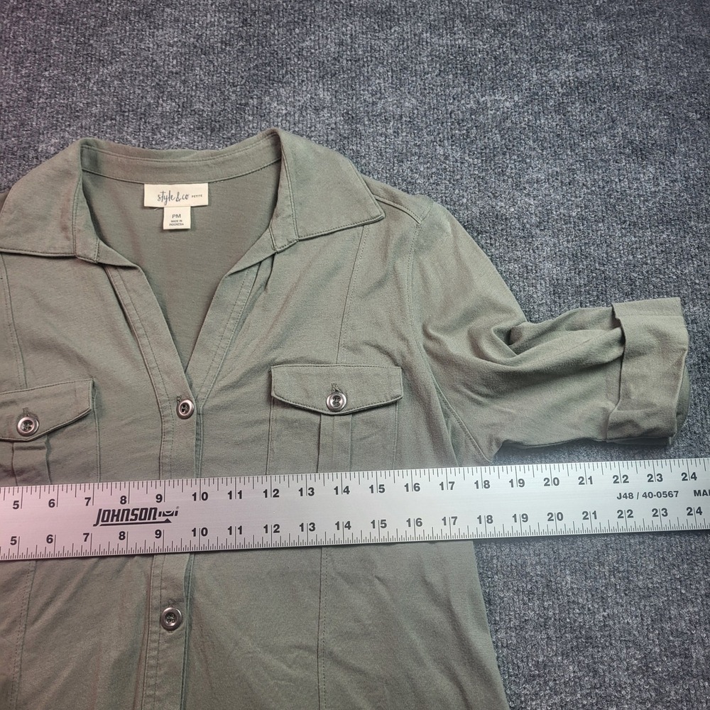 Style & Co Petite PM Olive Green Cotton Utility Button Down Roll Tab Shirt - Picture 5 of 8